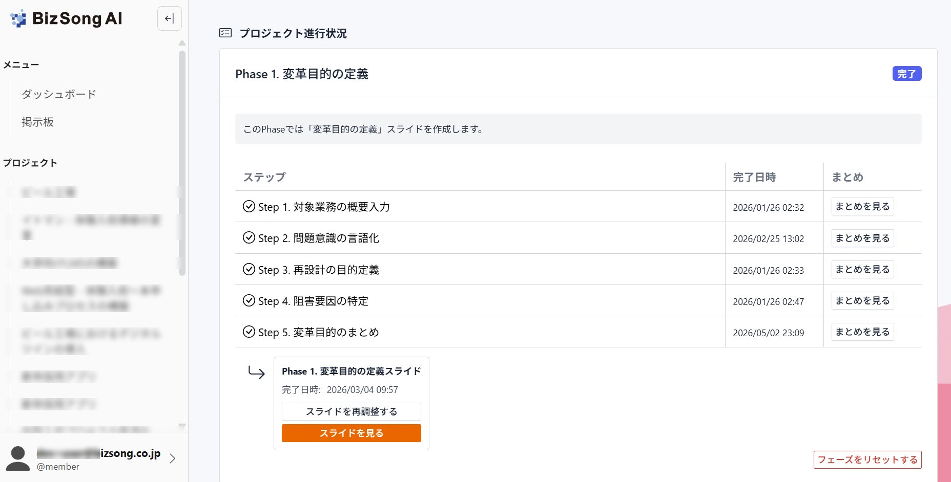 フェーズ進行管理画面